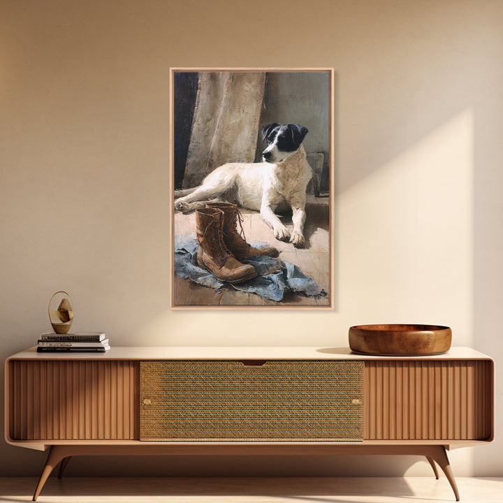 Farm Dog Lying Beside Weathered Boots Canvas Print, Farmhouse Art, Digital Wall Art, Farmhouse Decor, Fine Art, Harvest, FAR-2x3-65