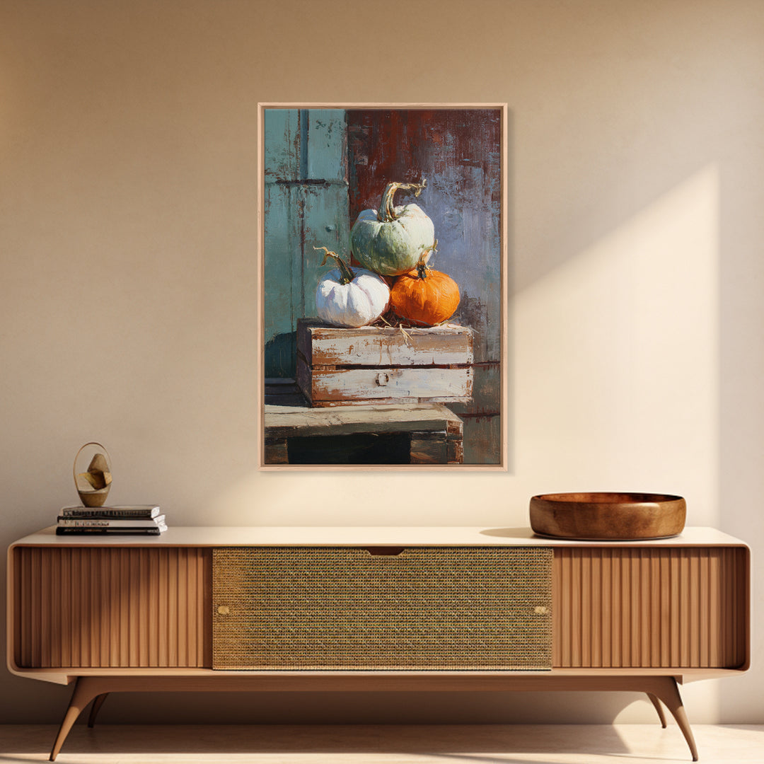 Pumpkins Stacked on a Wooden Crate Framed Canvas Print, Farmhouse Art, Digital Print, Farmhouse Decor, Fine Art, Harvest, FAR-2x3-69