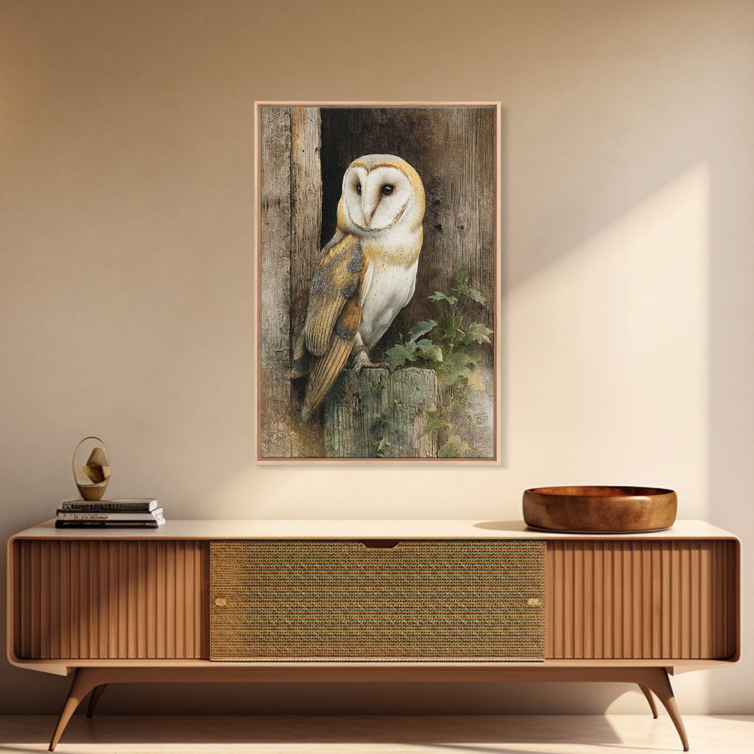 Barn Owl Perched on Aged Wood Canvas Print, Farmhouse Art, Floral Wall Art, Farmhouse Decor, Fine Art, Harvest, Boho Decor, FAR-2x3-7