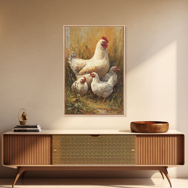 Chicken Family in a Garden Patch Canvas Print, Farmhouse Art, Farmhouse Decor, Oil Painting, Harvest, Sage Green Wall Art, FAR-2x3-71