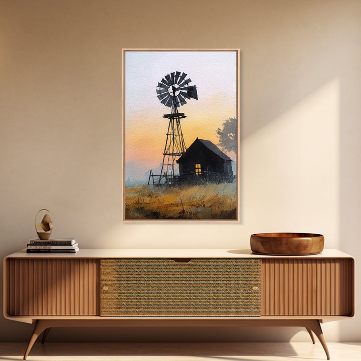 Windmill Silhouette at Sunset Framed Canvas Print, Farmhouse Art, Printable Art, Farmhouse Decor, Harvest, Landscape Painting, FAR-2x3-73