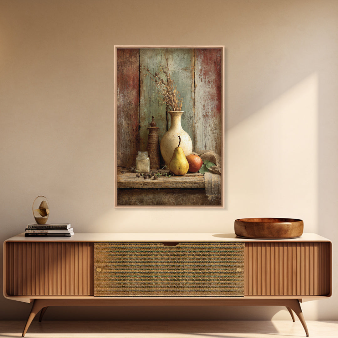 Rustic Pear Still Life on Plank Wood Framed Canvas Print, Farmhouse Art, Digital Art, Farmhouse Decor, Fine Art, Harvest, FAR-2x3-75