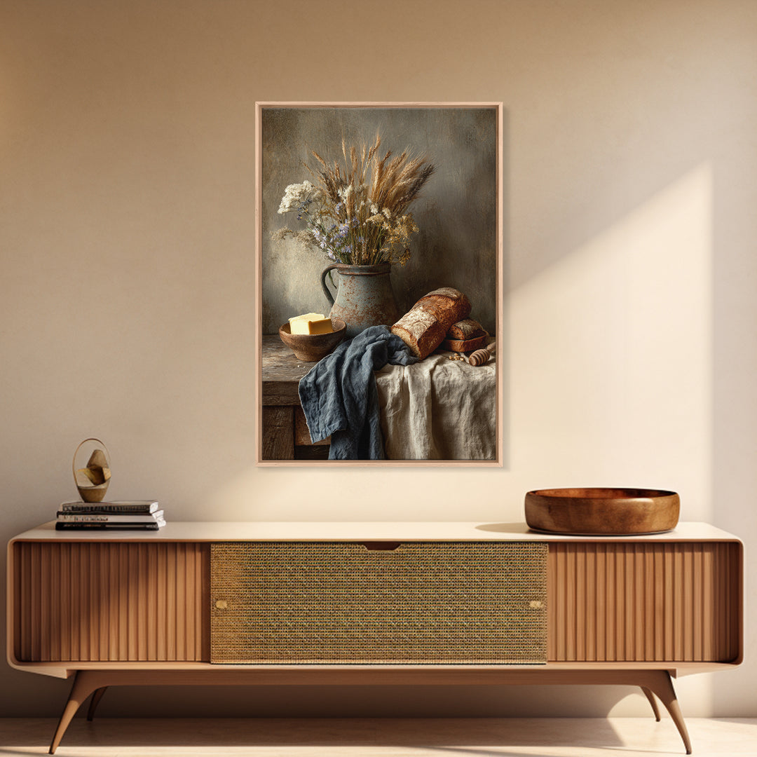 Fresh Bread Honey and Butter Still Life Framed Canvas Print, Farmhouse Art, Black Wall Art, Farmhouse Decor, Oil Painting, FAR-2x3-8