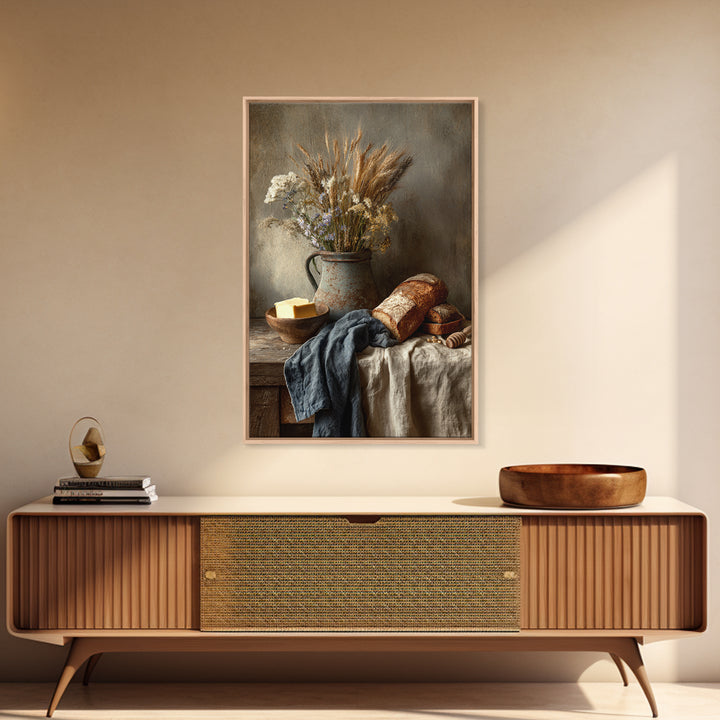 Fresh Bread Honey and Butter Still Life Framed Canvas Print, Farmhouse Art, Black Wall Art, Farmhouse Decor, Oil Painting, FAR-2x3-8