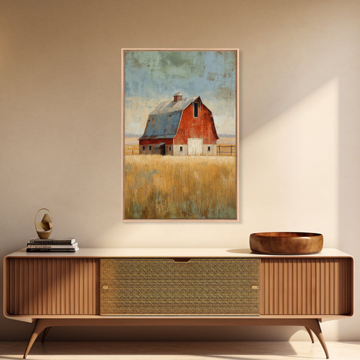 Rustic Barn in Golden Field Light Canvas Print, Farmhouse Art, Digital Prints, Farmhouse Decor, Harvest, Watercolor Painting, FAR-2x3-82