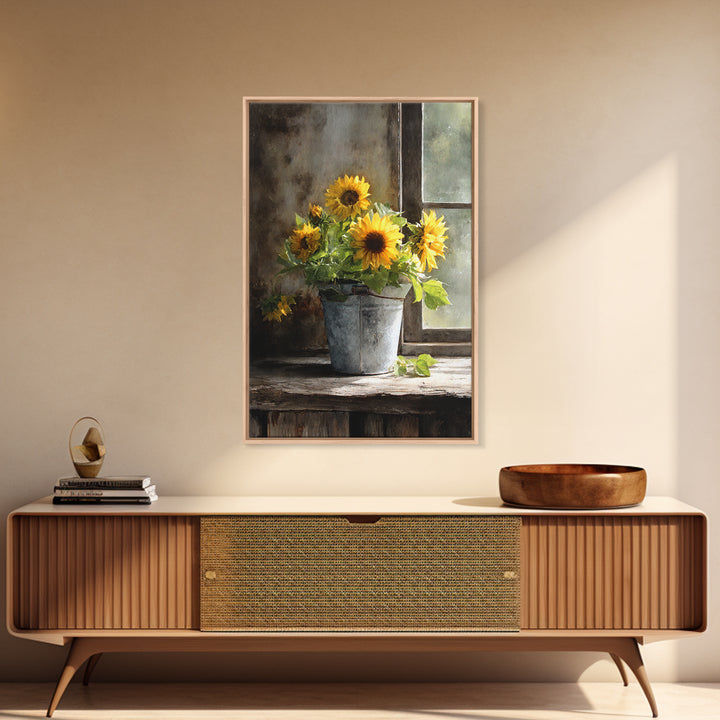 Sunflowers in a Galvanized Metal Bucket Framed Canvas Print, Farmhouse Art, Living Room Decor, Farmhouse Decor, Harvest, FAR-2x3-83