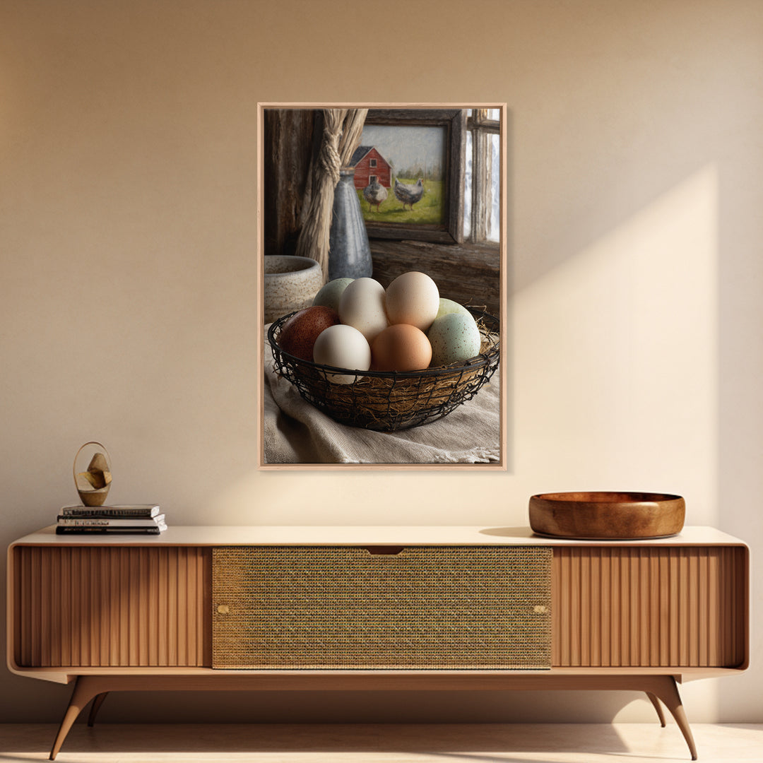 Fresh Eggs in a Wire Basket Canvas Print, Farmhouse Art, Farmhouse Decor, Abstract Art, Harvest, Sage Green Wall Art, FAR-2x3-86