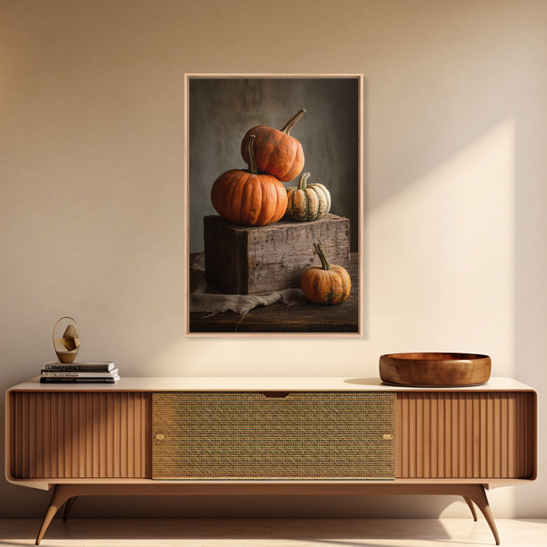Pumpkins Stacked on a Wooden Crate Framed Canvas Print, Farmhouse Art, Digital Print, Farmhouse Decor, Fine Art, Harvest, FAR-2x3-93
