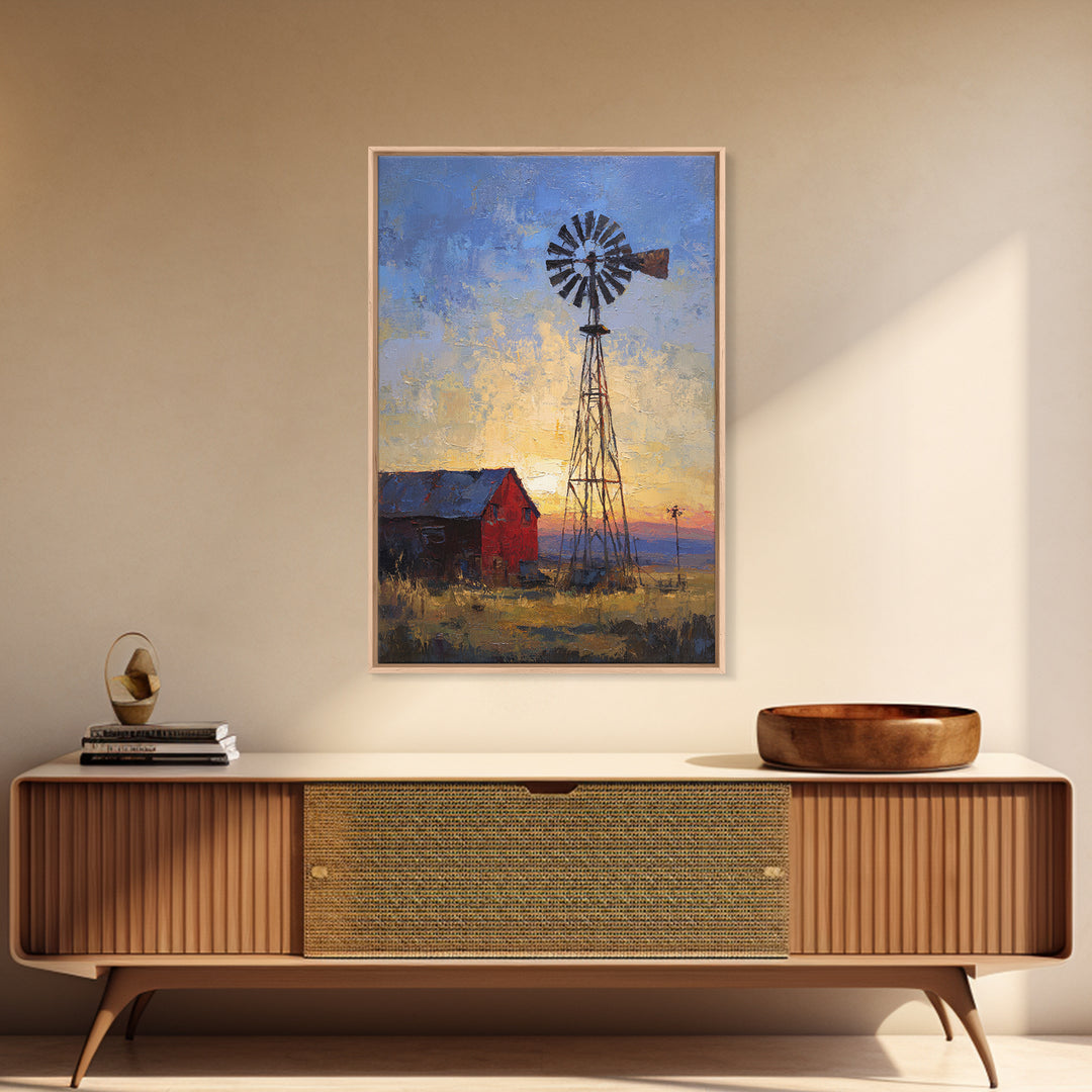 Windmill Silhouette at Sunset Framed Canvas Print, Farmhouse Art, Printable Art, Farmhouse Decor, Harvest, Landscape Painting, FAR-2x3-97