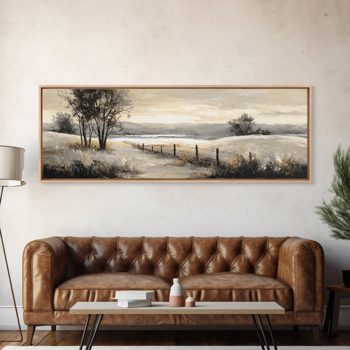 Rustic Barn in Golden Field Light Framed Canvas Print, Farmhouse Art, Oil Painting, Farmhouse Decor, Fine Art, Harvest, FAR-3x1-18