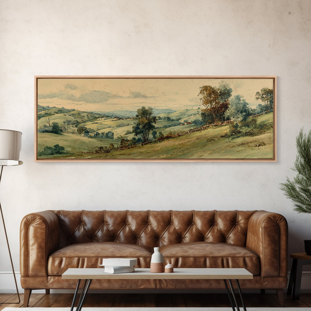 Country Landscape with Fence and Rolling Hills Canvas Print, Farmhouse Art, Farmhouse Wall Decor, Farmhouse Decor, Harvest, FAR-3x1-6