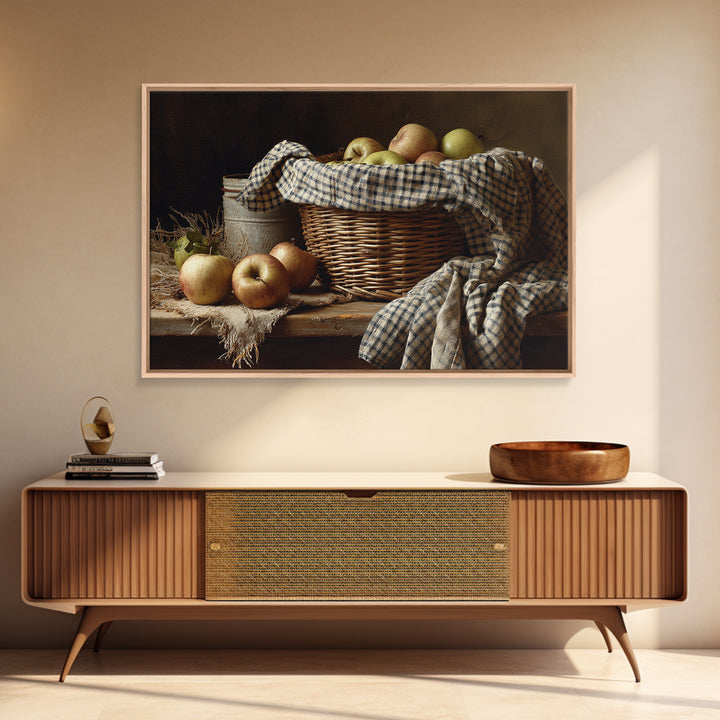 Apple Basket with Gingham Cloth Framed Canvas Print, Farmhouse Art, Oil Painting, Farmhouse Decor, Fine Art, Harvest, FAR-3x2-15