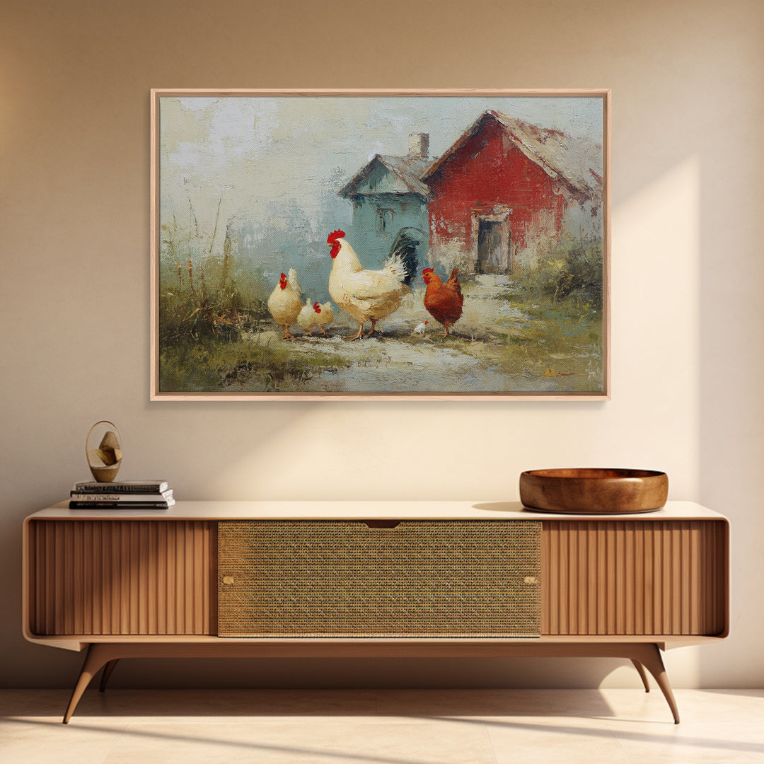 Chicken Family in a Garden Patch Framed Canvas Print, Farmhouse Art, Floral Wall Art, Farmhouse Decor, Fine Art, Harvest, FAR-3x2-19