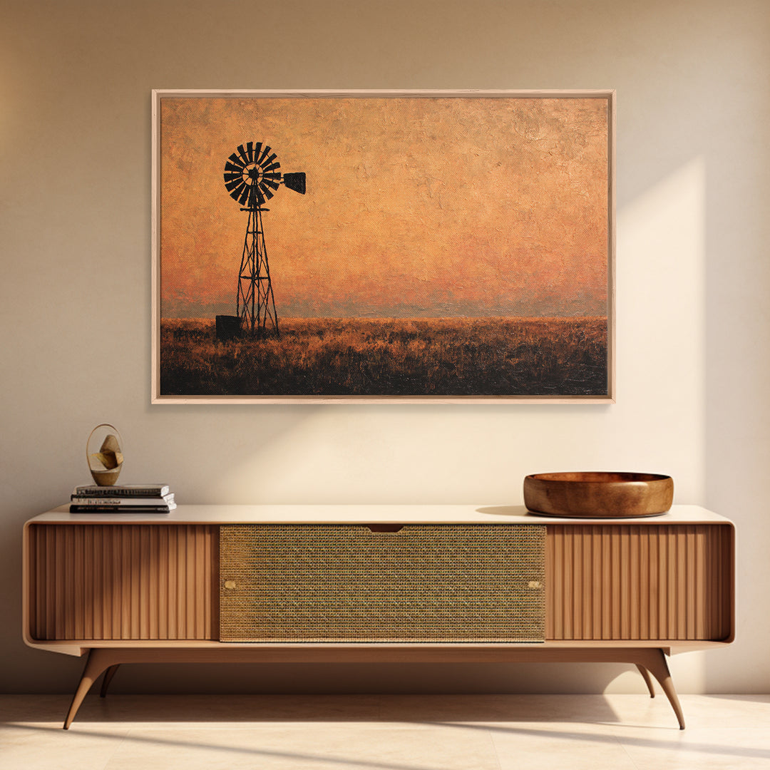 Windmill Silhouette at Sunset Canvas Print, Farmhouse Art, Watercolor Painting, Farmhouse Decor, Harvest, Botanical Art, FAR-3x2-21