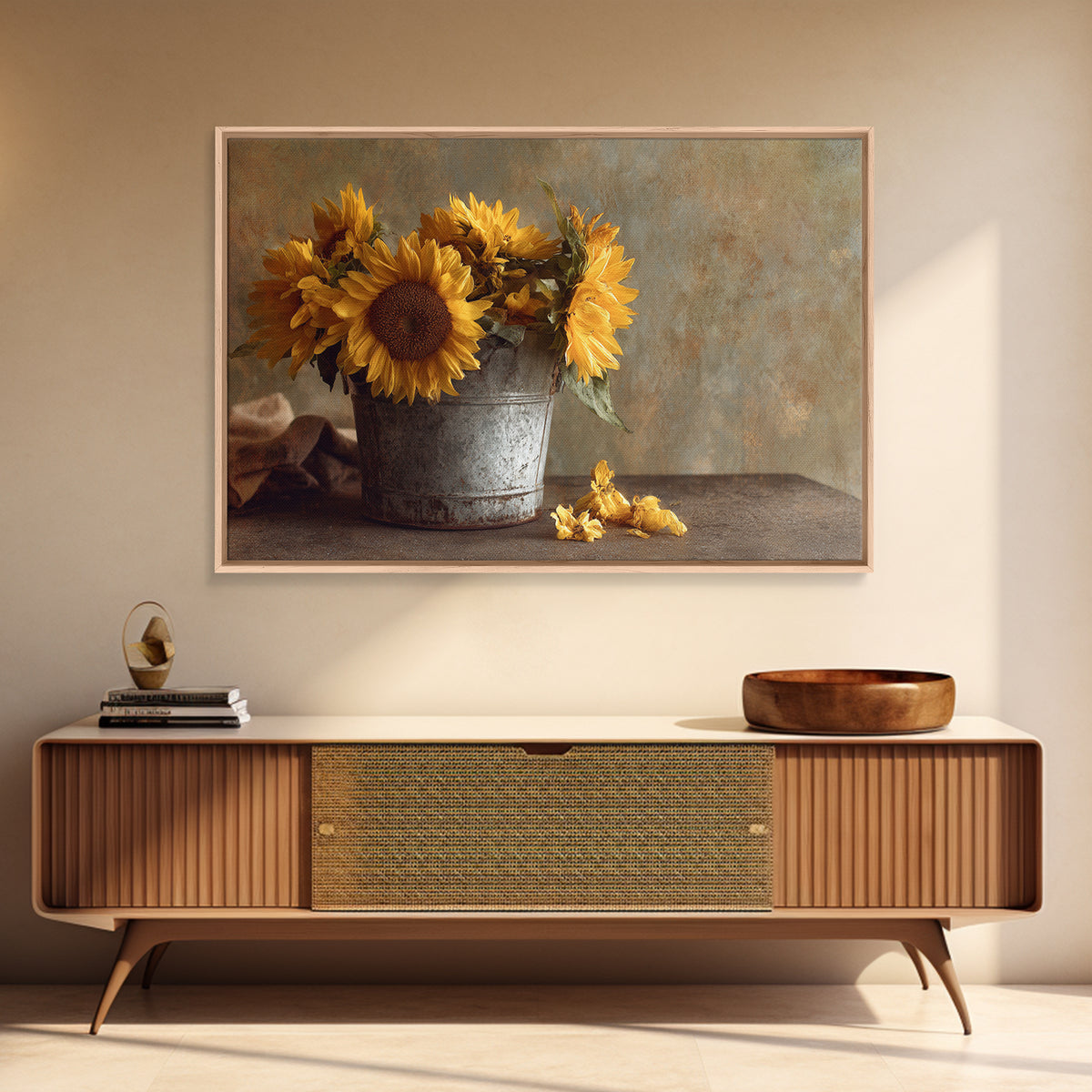 Sunflowers in a Galvanized Metal Bucket Framed Canvas Print, Farmhouse Art, Landscape Painting, Farmhouse Decor, Harvest, FAR-3x2-31