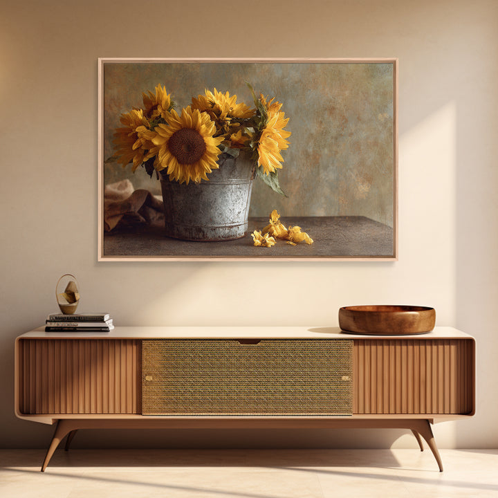 Sunflowers in a Galvanized Metal Bucket Framed Canvas Print, Farmhouse Art, Landscape Painting, Farmhouse Decor, Harvest, FAR-3x2-31