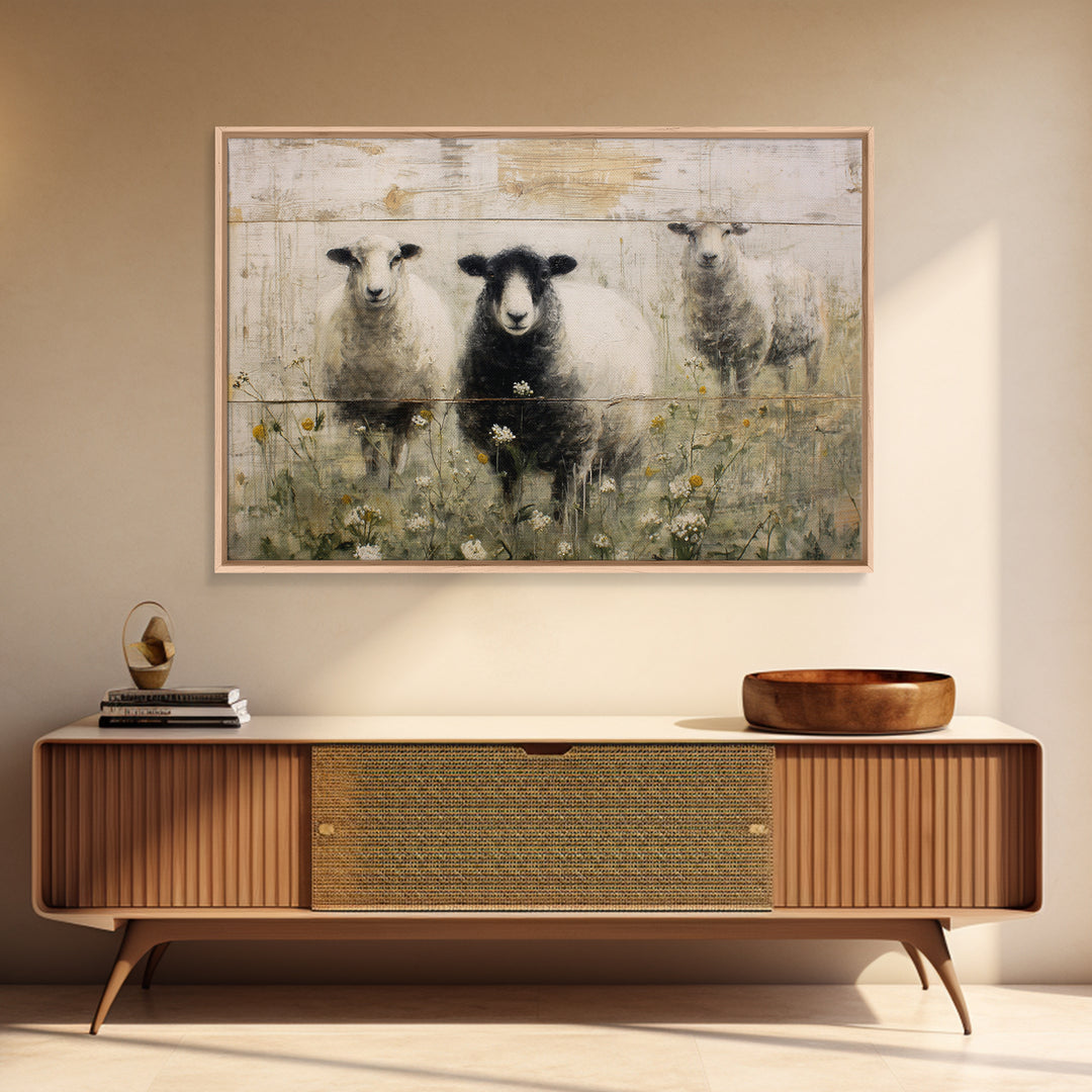 Black and White Sheep Framed Canvas Print, Farmhouse Art, Sage Green Wall Art, Farmhouse Decor, Harvest, Gallery Decor, FAR-3x2-36