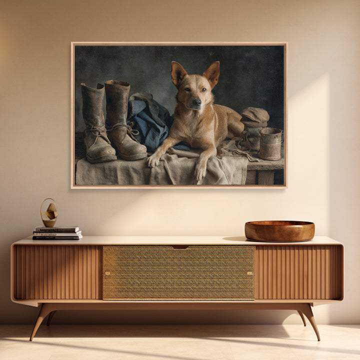 Farm Dog Lying Beside Weathered Boots Canvas Print, Farmhouse Art, Farmhouse Wall Decor, Farmhouse Decor, Oil Painting, Harvest, FAR-3x2-37