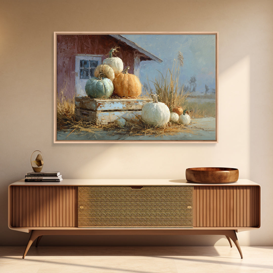 Pumpkins Stacked on a Wooden Crate Framed Canvas Print, Farmhouse Art, Botanical Prints, Farmhouse Decor, Watercolor Art, FAR-3x2-41