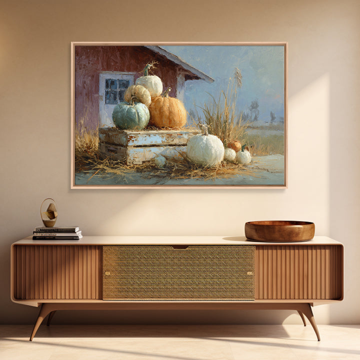 Pumpkins Stacked on a Wooden Crate Framed Canvas Print, Farmhouse Art, Botanical Prints, Farmhouse Decor, Watercolor Art, FAR-3x2-41