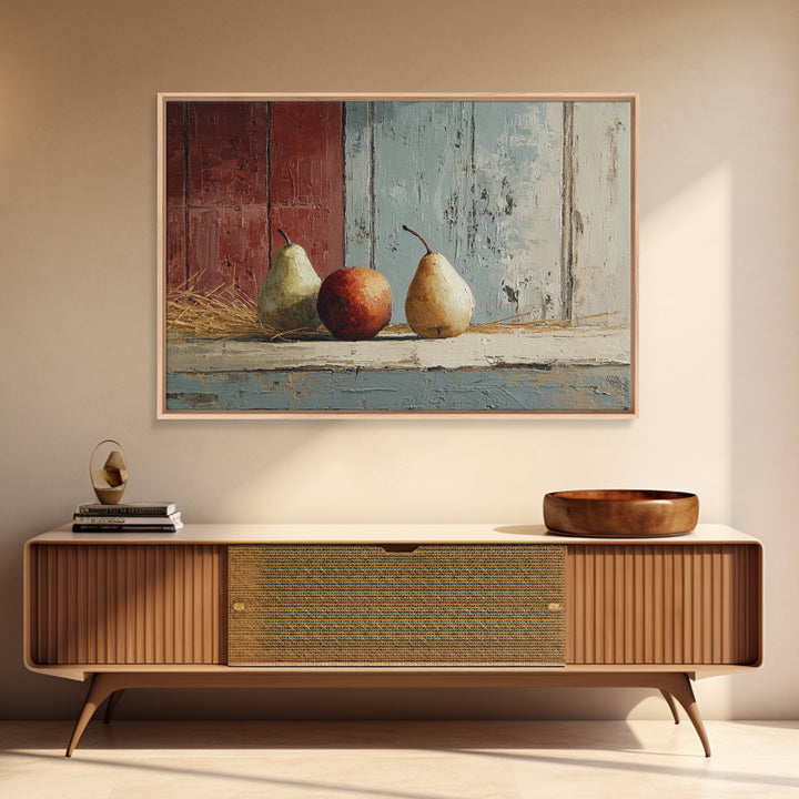 Rustic Pear Still Life on Plank Wood Framed Canvas Print, Farmhouse Art, Room Decor, Farmhouse Decor, Oil Painting, Harvest, FAR-3x2-47