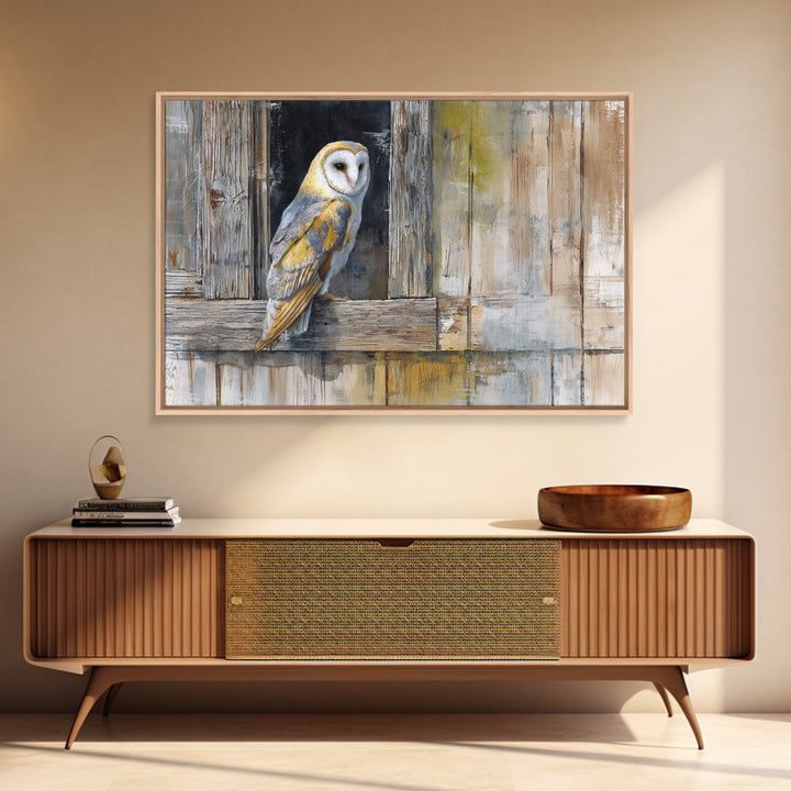 Barn Owl Perched on Aged Wood Canvas Print, Farmhouse Art, Farmhouse Wall Art, Farmhouse Decor, Fine Art, Harvest, Luxury Decor, FAR-3x2-51