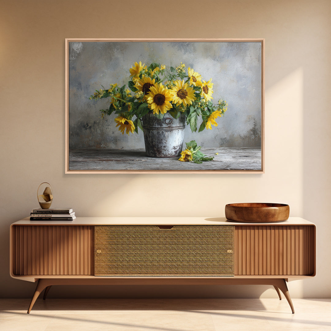 Sunflowers in a Galvanized Metal Bucket Framed Canvas Print, Farmhouse Art, Art, Farmhouse Decor, Watercolor Art, Harvest, FAR-3x2-55