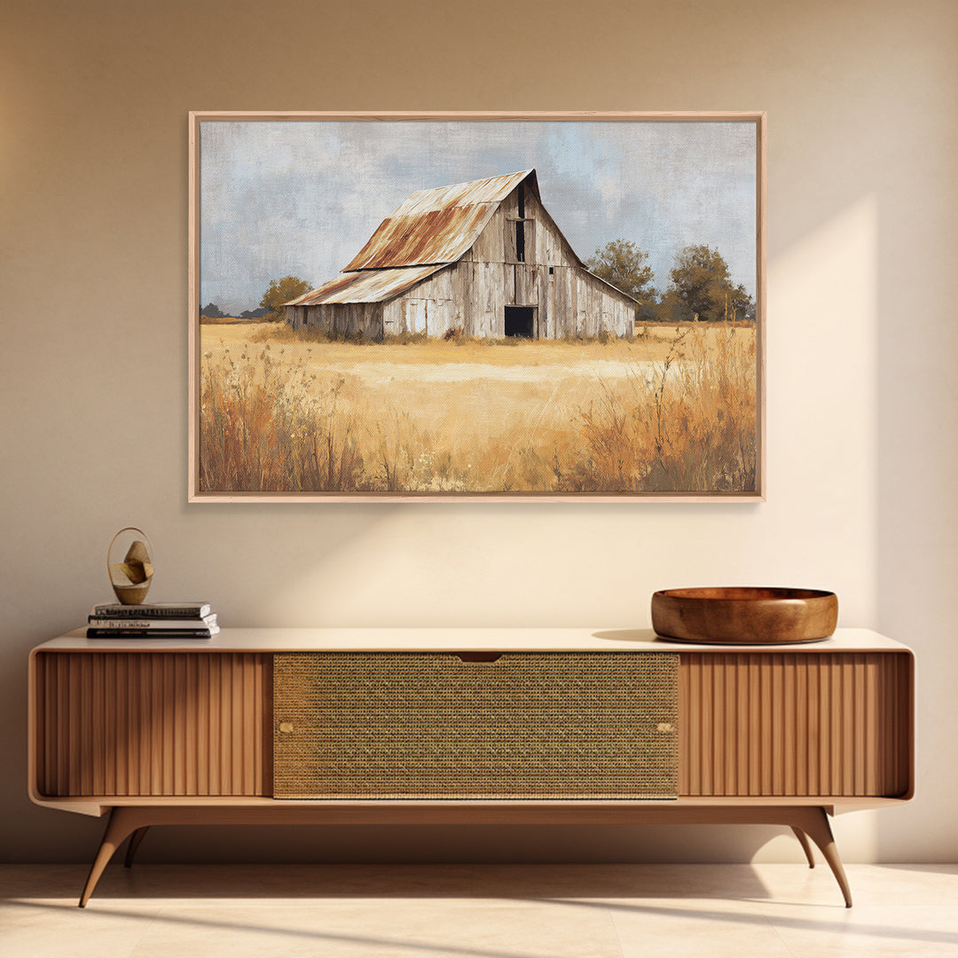 Rustic Barn in Golden Field Light Framed Canvas Print, Farmhouse Art, Digital Print, Farmhouse Decor, Fine Art, Harvest, FAR-3x2-6