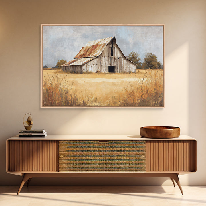 Rustic Barn in Golden Field Light Framed Canvas Print, Farmhouse Art, Digital Print, Farmhouse Decor, Fine Art, Harvest, FAR-3x2-6