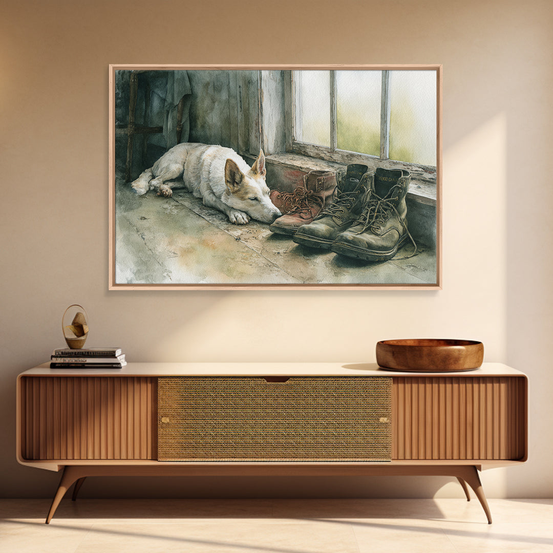 Farm Dog Lying Beside Weathered Boots Canvas Print, Farmhouse Art, Farmhouse Wall Decor, Farmhouse Decor, Oil Painting, Harvest, FAR-3x2-61