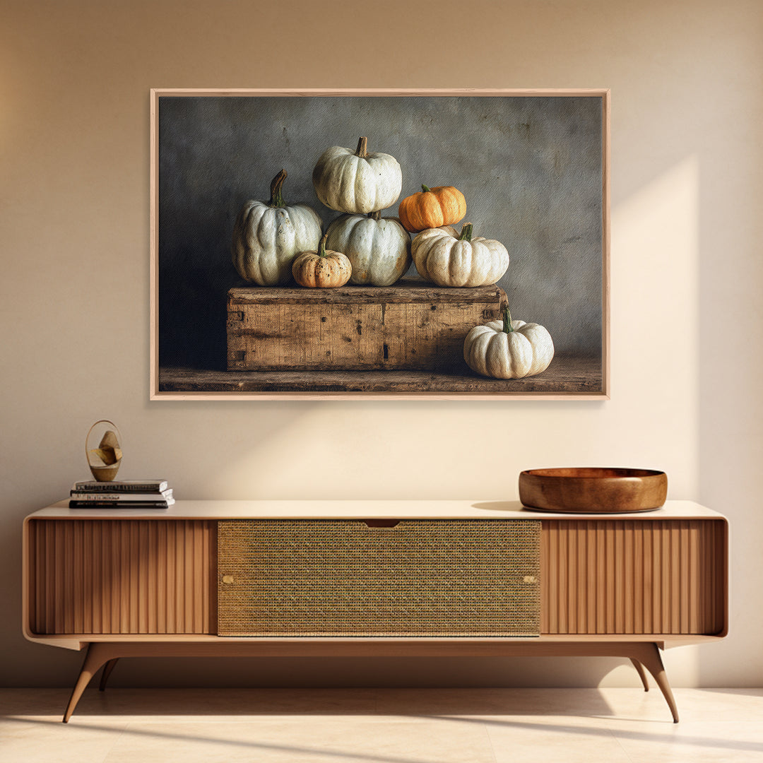 Pumpkins Stacked on a Wooden Crate Framed Canvas Print, Farmhouse Art, Botanical Prints, Farmhouse Decor, Watercolor Art, FAR-3x2-65