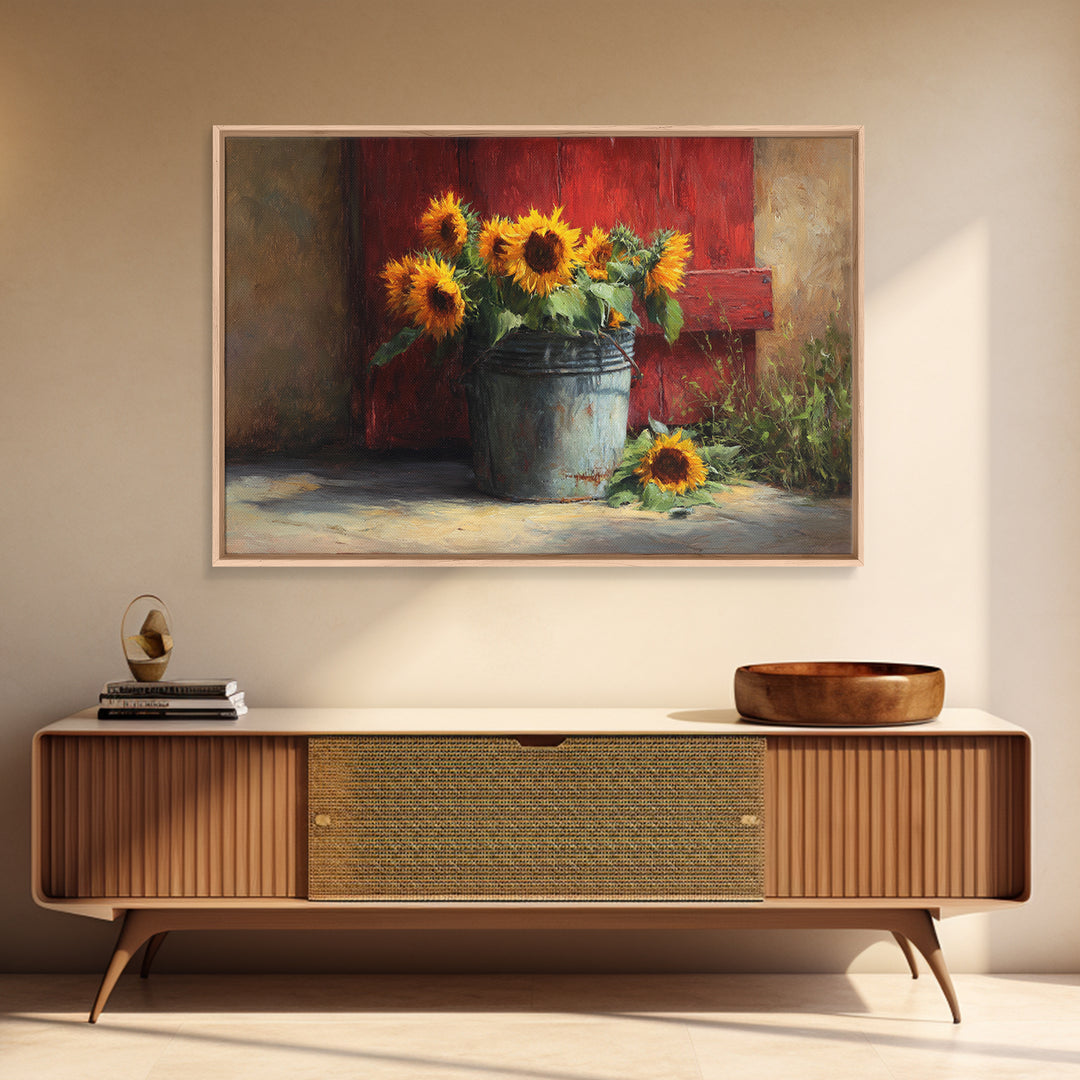 Sunflowers in a Galvanized Metal Bucket Framed Canvas Print, Farmhouse Art, Home Decor, Farmhouse Decor, Fine Art, Harvest, FAR-3x2-7