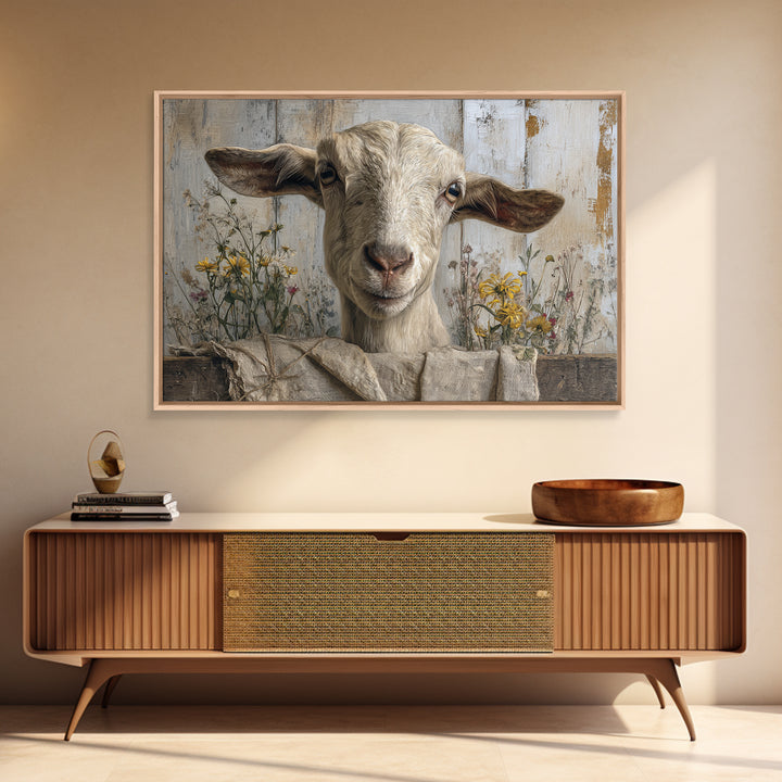 Goat Portrait with Playful Expression Framed Canvas Print, Farmhouse Art, Living Room Decor, Farmhouse Decor, Fine Art, Harvest, FAR-3x2-70