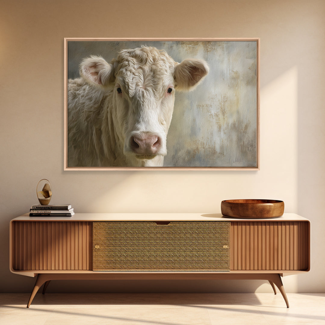 White Cow Portrait Framed Canvas Print, Farmhouse Art, Gallery Decor, Farmhouse Decor, Oil Painting, Harvest, Contemporary Art, FAR-3x2-77