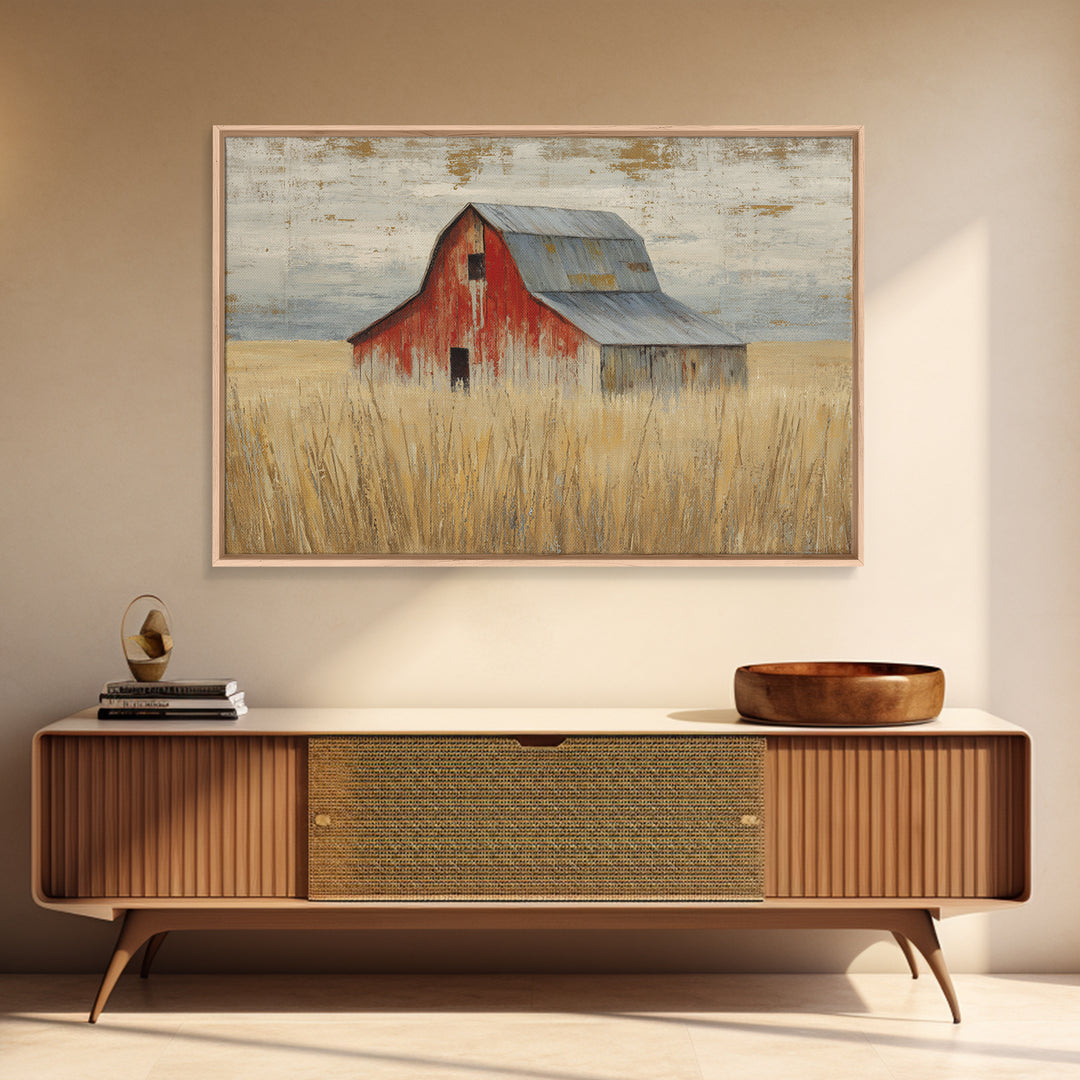 Rustic Barn in Golden Field Light Framed Canvas Print, Farmhouse Art, Botanical Prints, Farmhouse Decor, Fine Art, Harvest, FAR-3x2-78
