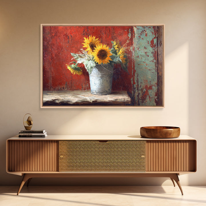 Sunflowers in a Galvanized Metal Bucket Framed Canvas Print, Farmhouse Art, Gallery Wall, Farmhouse Decor, Watercolor Art, FAR-3x2-79