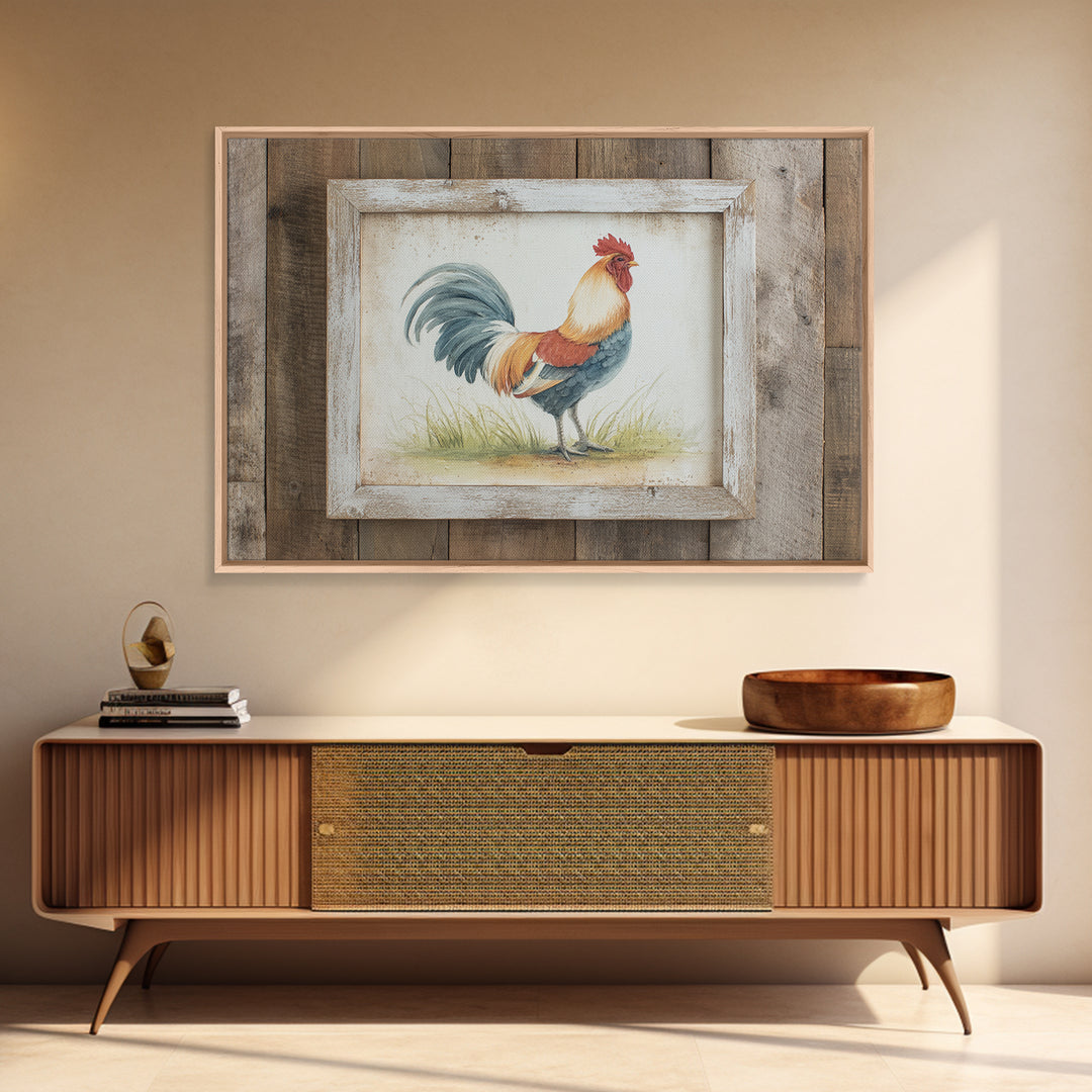 Rooster Painted in Cheerful Folk Colors Framed Canvas Print, Farmhouse Art, Printable Art, Farmhouse Decor, Oil Painting, FAR-3x2-8