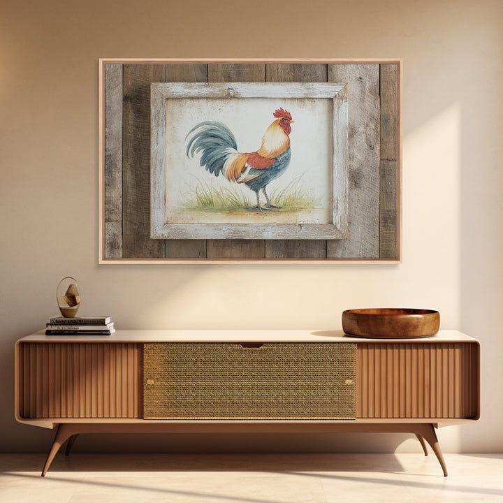 Rooster Painted in Cheerful Folk Colors Framed Canvas Print, Farmhouse Art, Printable Art, Farmhouse Decor, Oil Painting, FAR-3x2-8