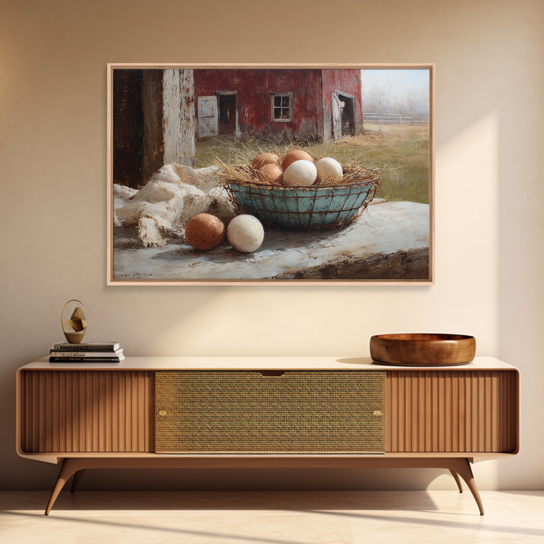 Fresh Eggs in a Wire Basket Framed Canvas Print, Farmhouse Art, Floral Wall Art, Farmhouse Decor, Oil Painting, Harvest, FAR-3x2-82