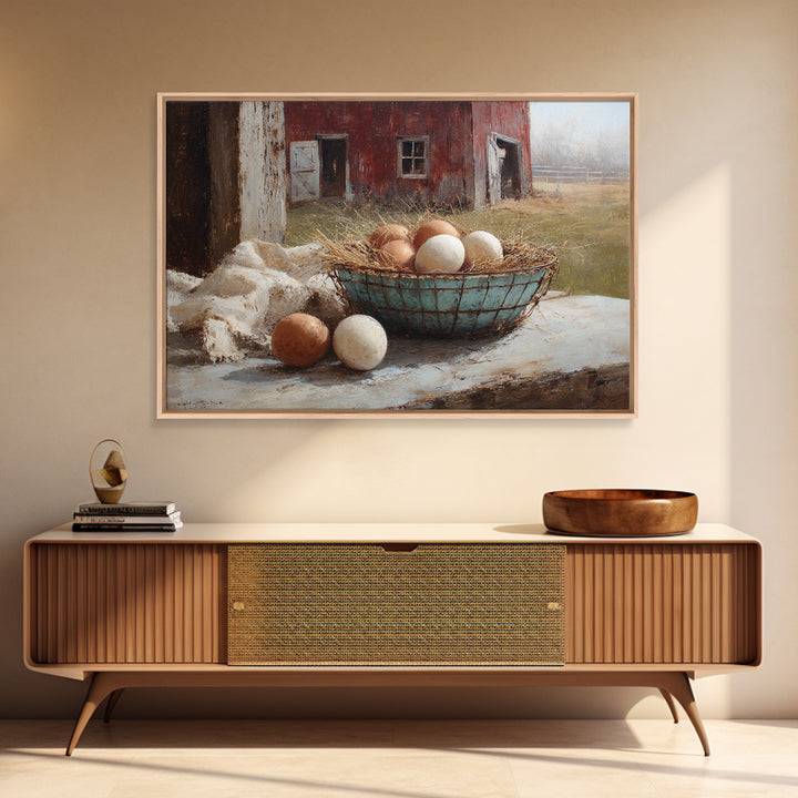Fresh Eggs in a Wire Basket Framed Canvas Print, Farmhouse Art, Floral Wall Art, Farmhouse Decor, Oil Painting, Harvest, FAR-3x2-82