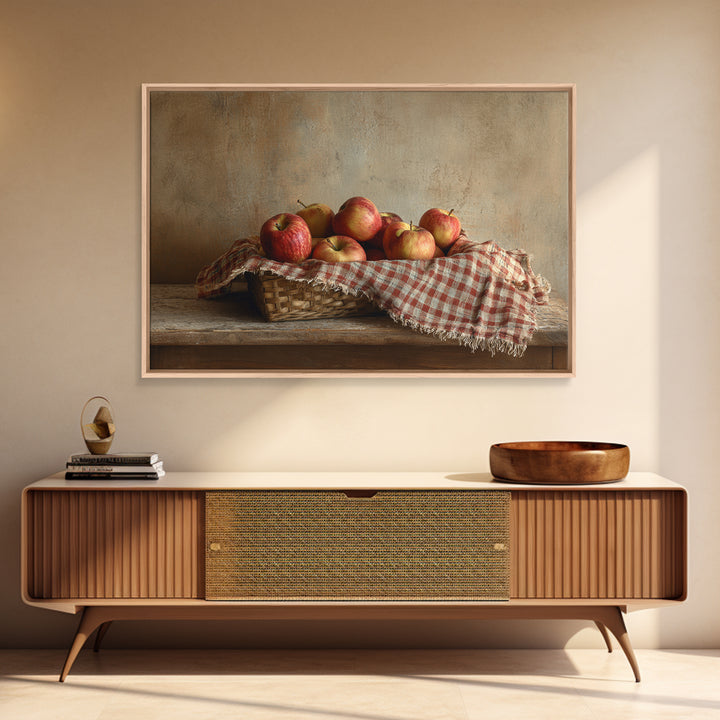 Apple Basket with Gingham Cloth Framed Canvas Print, Farmhouse Art, Fine Art Print, Farmhouse Decor, Fine Art, Harvest, FAR-3x2-87