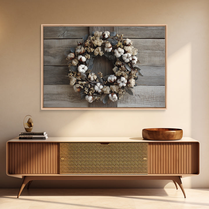 Farmhouse Wreath of Cotton Stems and Eucalyptus Framed Canvas Print, Farmhouse Art, Art Print, Farmhouse Decor, Harvest, FAR-3x2-96