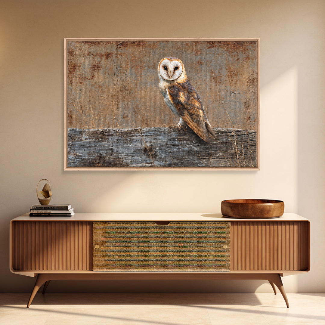 Barn Owl Perched on Aged Wood Framed Canvas Print, Farmhouse Art, Minimalist Decor, Farmhouse Decor, Fine Art, Harvest, FAR-3x2-99