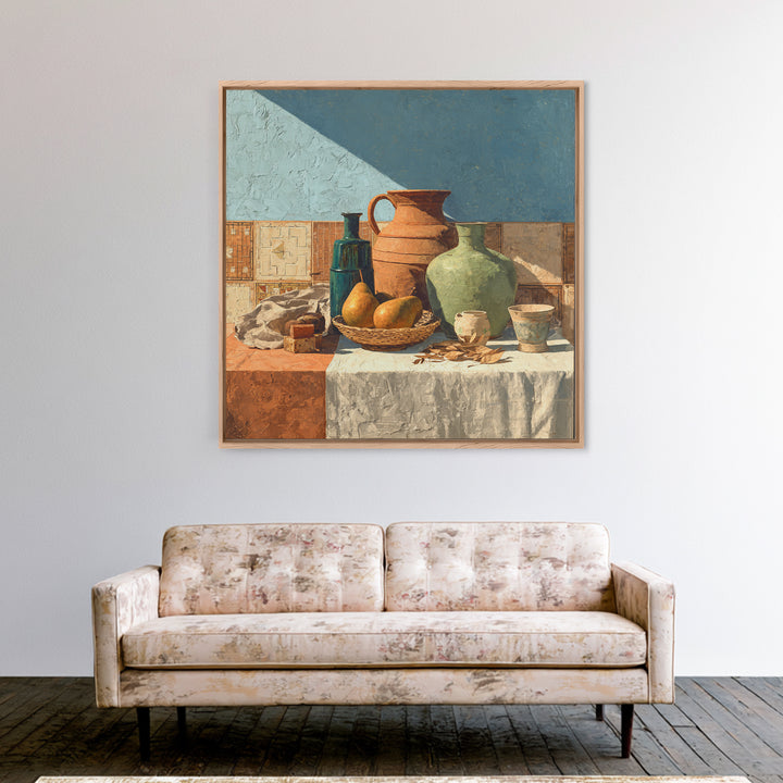 Pear Still Life on Linen Tablecloth Framed Canvas Print, French Country Art, Above Bed Art, Farmhouse Decor, Abstract Art, FCA-1x1-100