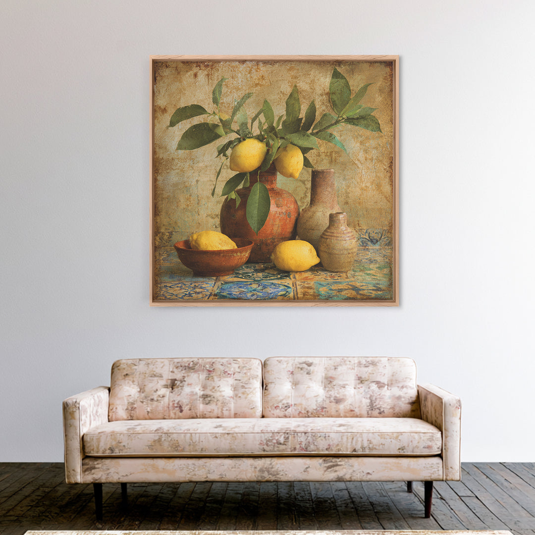 Aged Botanical Plate of Lemons and Leaves Framed Canvas Print, French Country Art, Digital Art, Farmhouse Decor, Oil Painting, FCA-1x1-12