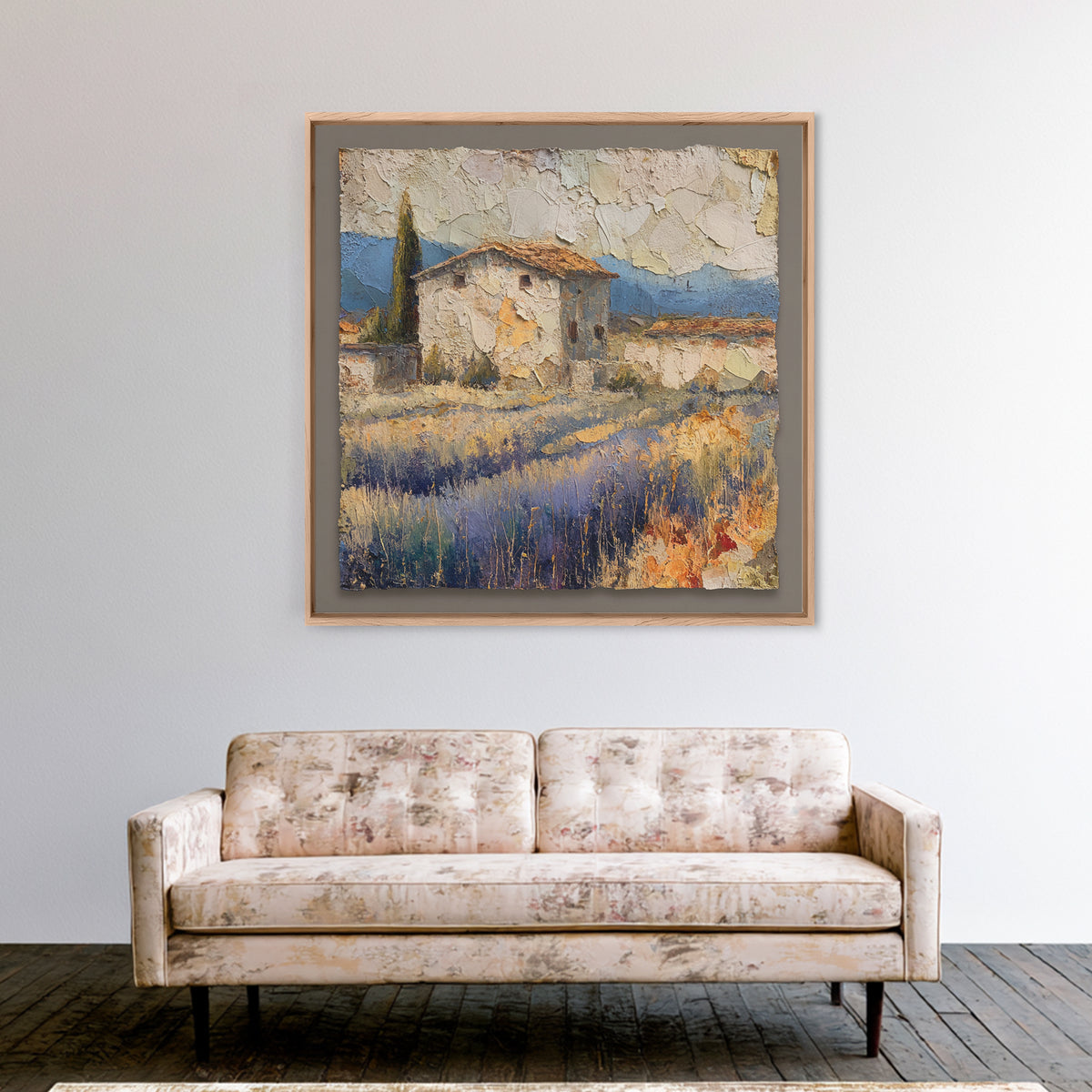 Lavender Field with Distant Stone Farmhouse Canvas Print, French Country Art, Landscape Painting, Farmhouse Decor, Country, FCA-1x1-25