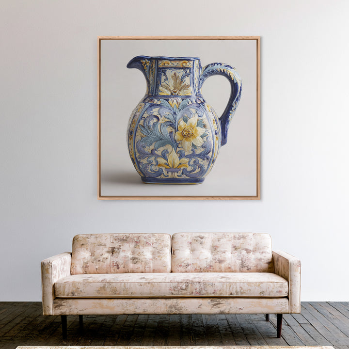 Blue and White Ceramic Pitcher Framed Canvas Print, French Country Art, Farmhouse Decor, Oil Painting, Country, FCA-1x1-27