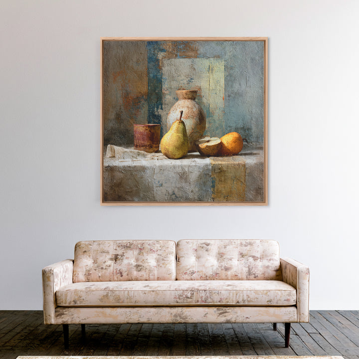 Pear Still Life on Linen Tablecloth Framed Canvas Print, French Country Art, Digital Wall Art, Farmhouse Decor, Country, FCA-1x1-28