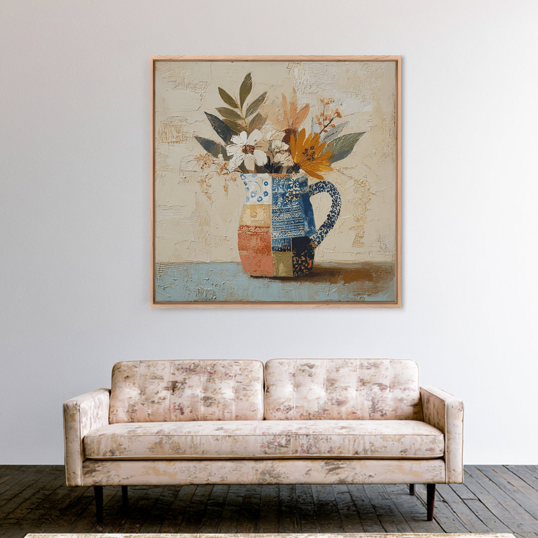 Blue and White Ceramic Pitcher Canvas Print, French Country Art, Oil Painting, Farmhouse Decor, Country, Digital Art Prints, FCA-1x1-3