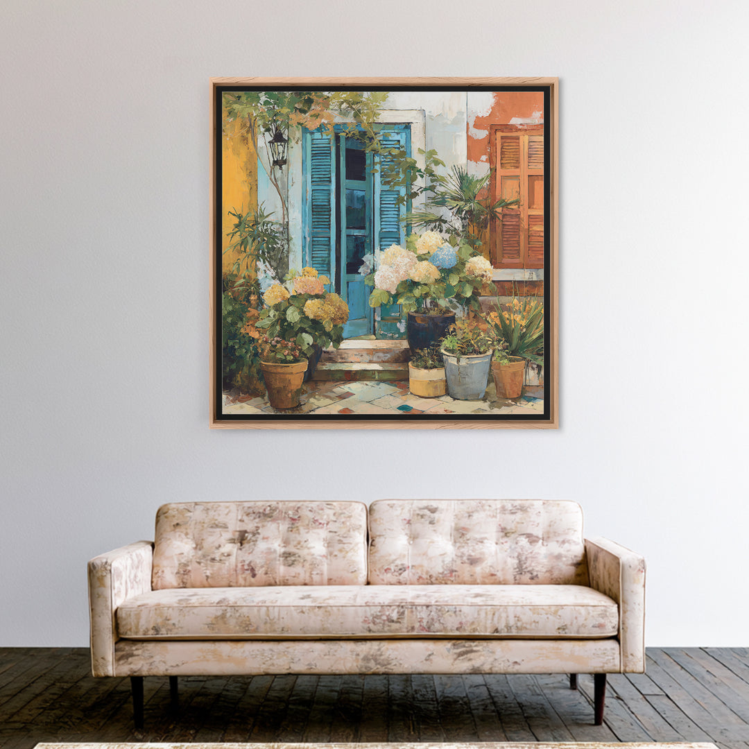 Soft Hydrangeas Beside Antique Shutters Framed Canvas Print, French Country Art, Home Decor, Farmhouse Decor, Fine Art, Country, FCA-1x1-32